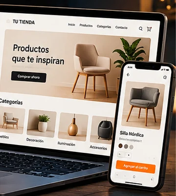 Tienda en línea de muebles en laptop y celular con carrito de compra